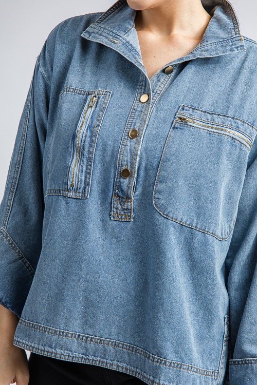 Half Button Denim Shirt - New Arrivals - The Blue Door Boutique